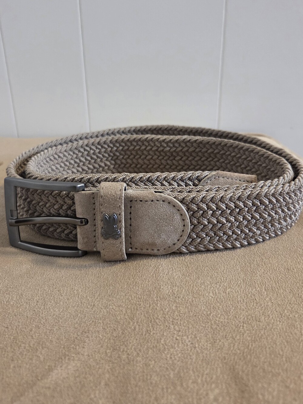 Psycho Bunny Men's Stretch Braided Belt, desert taupe color .